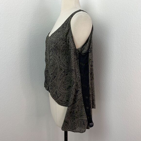 Abercrombie & Fitch Olive Green Paisley Blouse SM Fairy Goth Boho Cold Shoulder - Picture 7 of 10